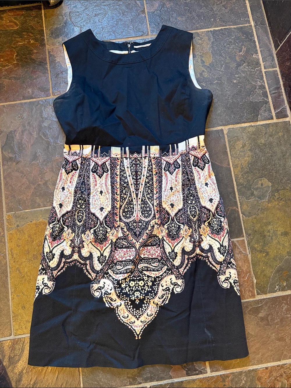 T Tahari Black Sleeveless Dress with Multicolor Paisley Skirt